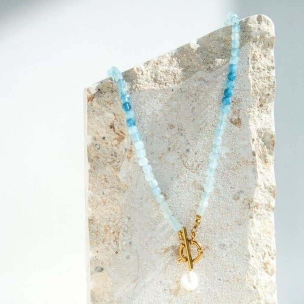 Aquamarine Beaded Necklace Ocean Blue Gemstone Jewelry Waterproof Vacation Gift - Picture 4 of 14